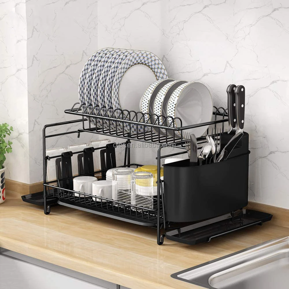 Home Organizer 2 Tier Dish Drying Rack Standing Type For Kitchen With Cup Holder And Drain Board Set