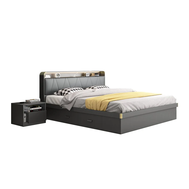 Foshan BedroomFurniture Wooden Bed Frame with Storage Double Queen Bed Frame With Drawers and LED Light