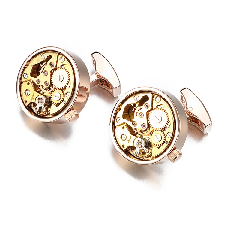 High Quality Custom Functional Watch Immovable Cufflinks For Men Round Gold Watch Mechanism Gear Cuff links Wholesale
