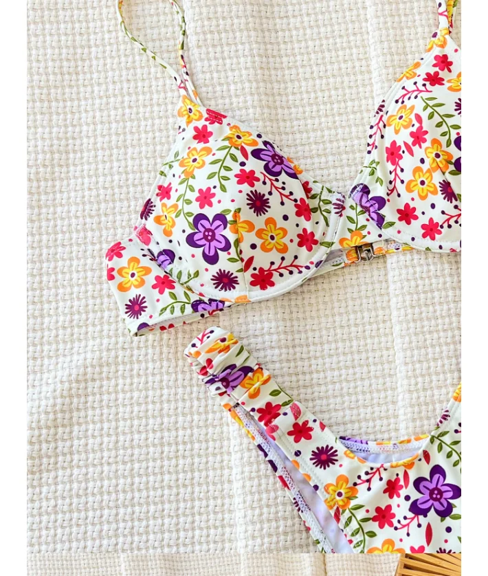 STOCK Custom Print Women Underwire Swimwear With Pad V-Shape Bottom High Rise Cheeky Mini Bikini Set