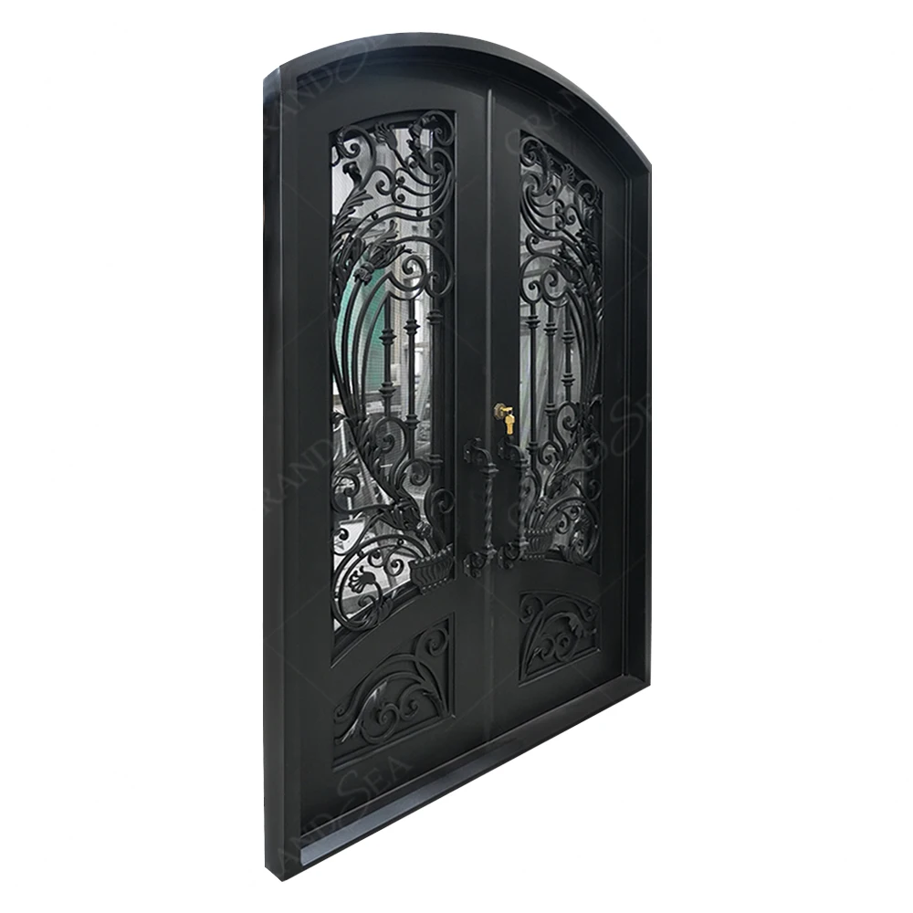 Superior Quality Double Cast Iron Grill Entrance Door For Residence Modern Design External Entrance Arched Wrought Iron Door
