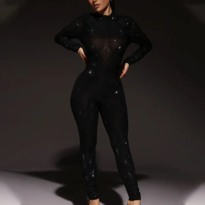 Custom Designer Knit One Piece Bodycon Rhinestone Bling Club  Elegant Woman Jumpsuits And Rompers Mesh Long Sleeve Bodysuits