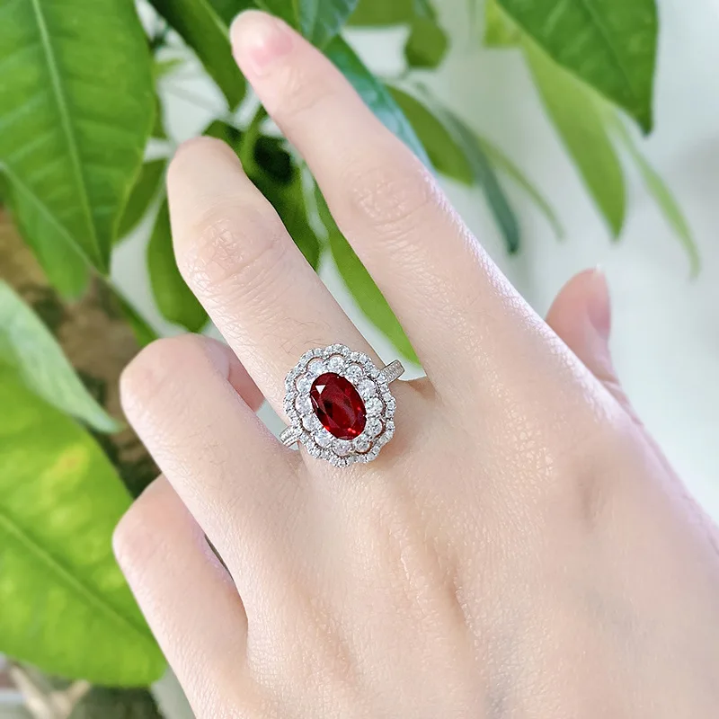 The New 925 Silver Ring for Women 5A Zircon 6 * 9 Pigeon Blood Red Ruby Ring Is Sold Directly by Manufacturers