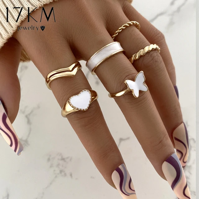 17KM Metal Gold Color Butterfly Ring Set Trendy Pink Crystal Stone Ring Women Fashion Bohemian Heart Animal Snake Rings Jewelry