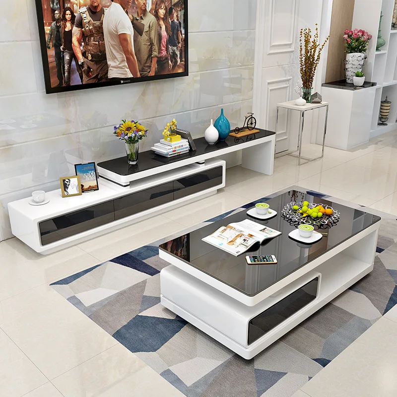 Coffee table TV cabinet simple modern small apartment living room telescopic tempered glass paint tea table floor cabinet set