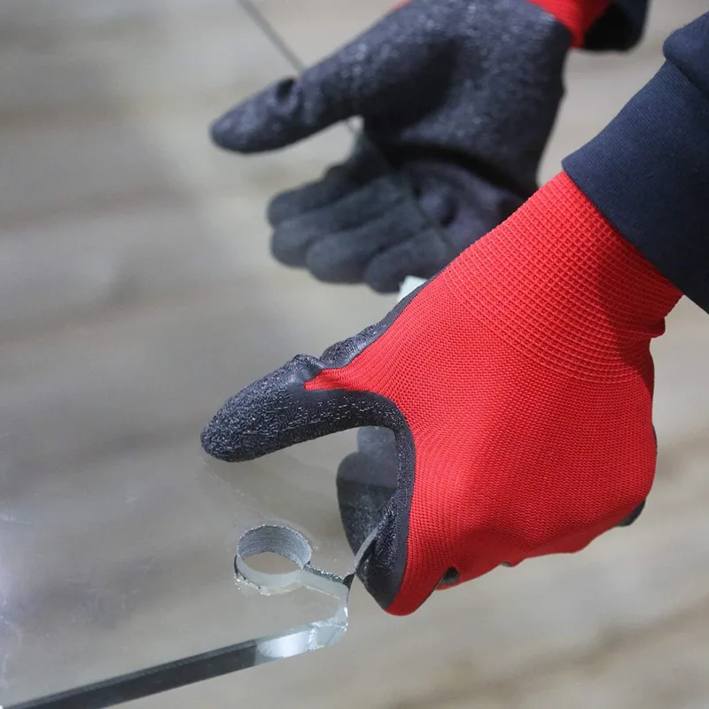 Construction Worker Gloves Red Nitrile Latex for Warehouse Assembly Abrasion Resistant Black Latex Coated Safety Work Gloves