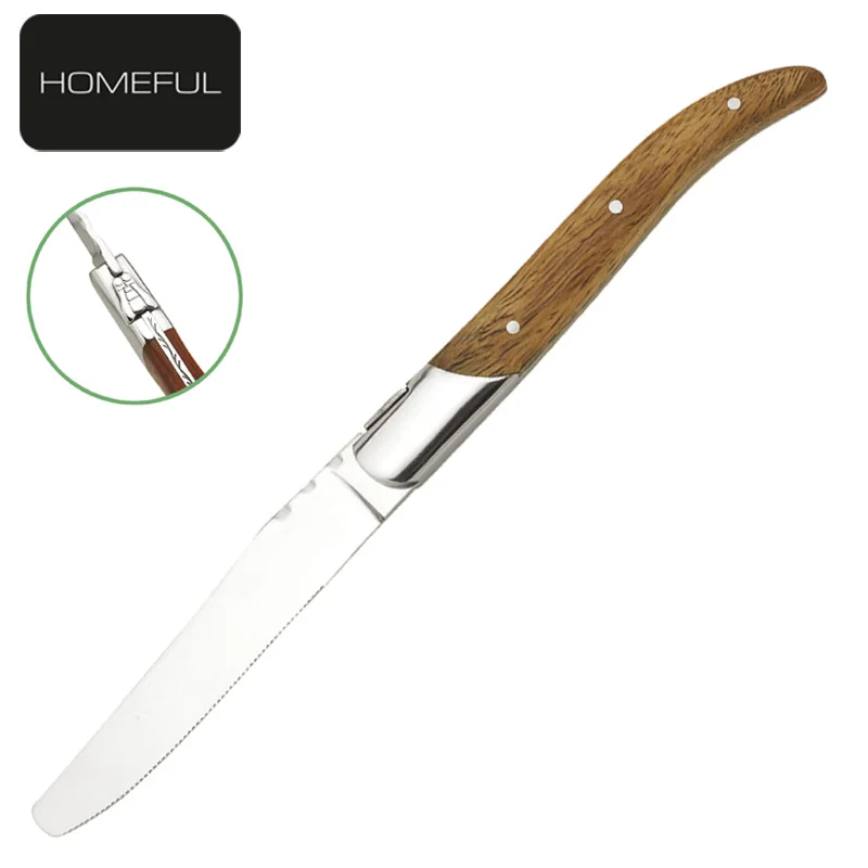 French style laguiole steak knife 420 steel round tip serrated blade with natural wood handle