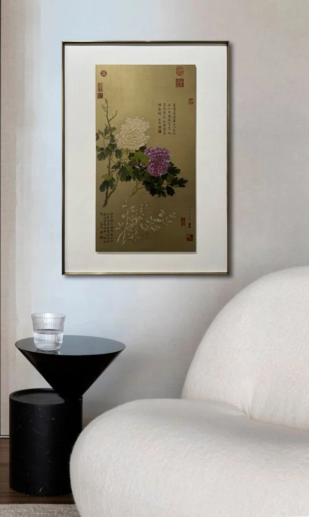 Chinese ancient style flower painting hotel wall art indoor home decorative copper plate linen metal frame painting