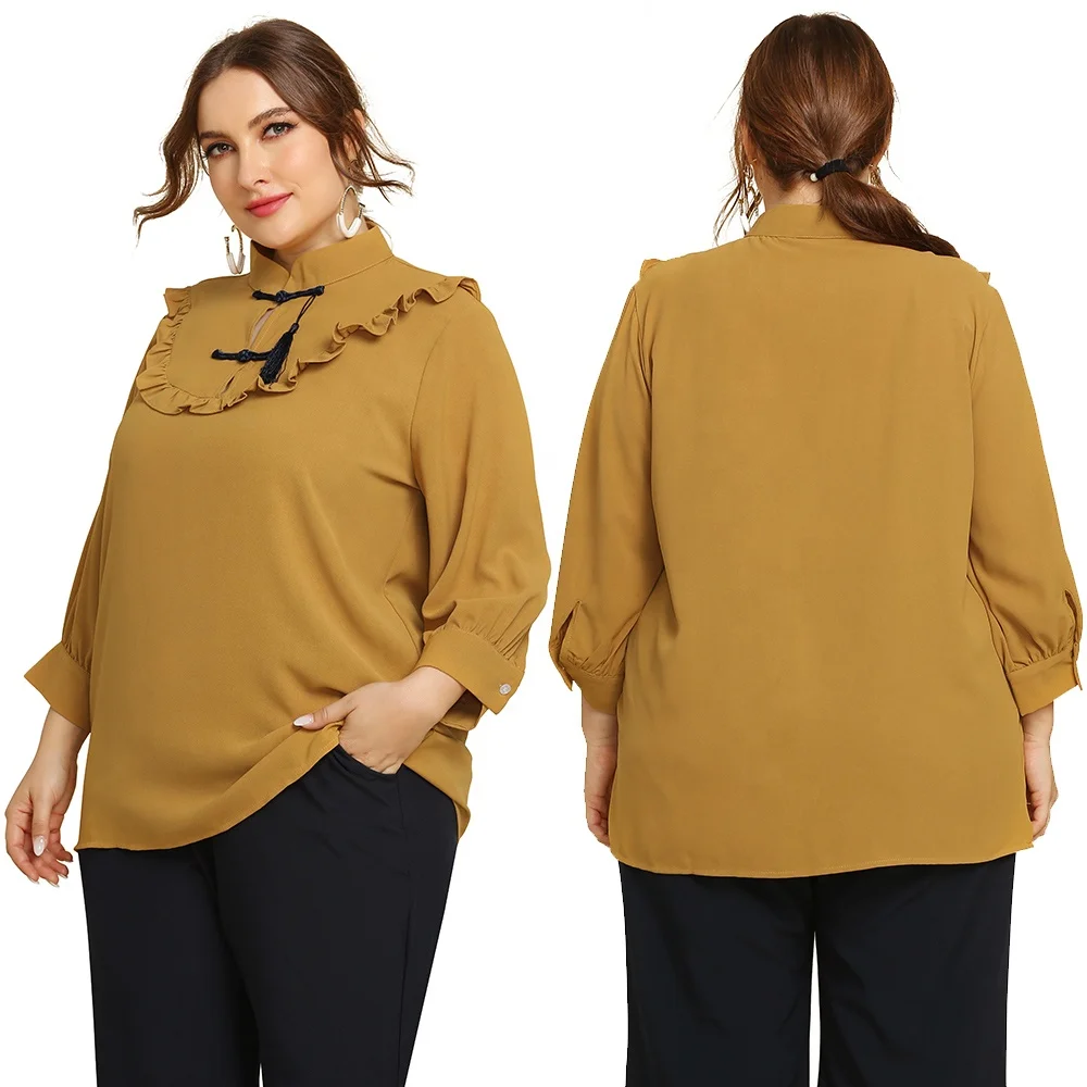 Retro Ruffle Stand Collar Chinese Style Long Sleeve Plus Size Shirt Blouses Latest Fashion Dress Design