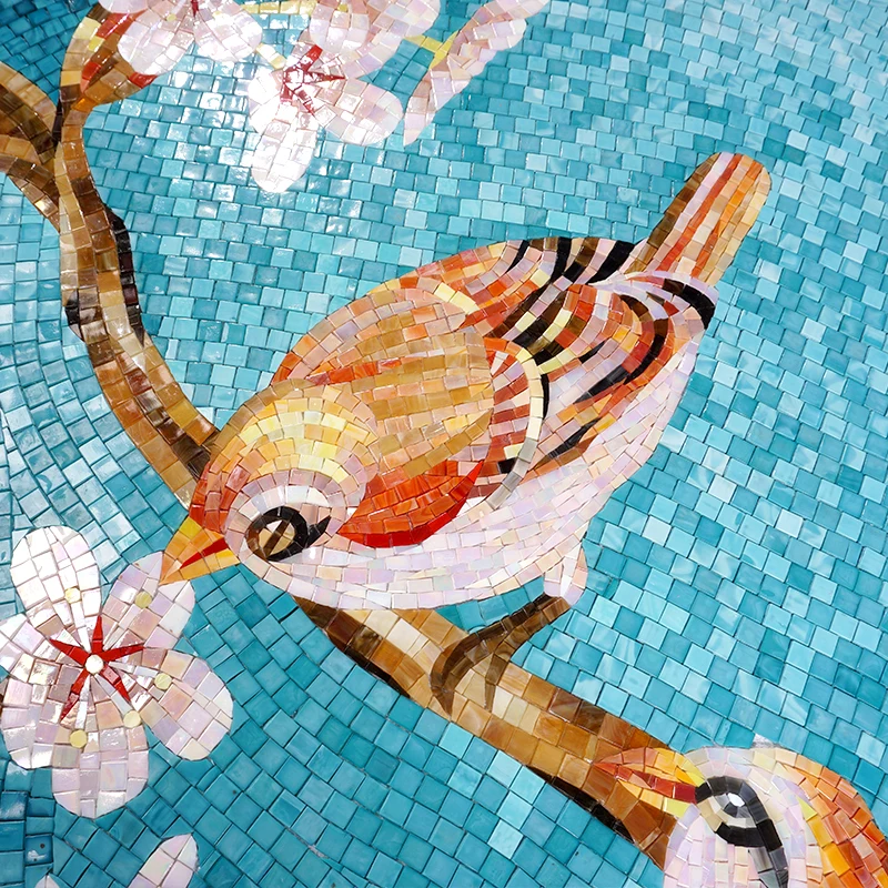 Hand Made Flower and Birds Pattern Art Design Glass Mural Mosaic Picture Decorative Tiles for Wall