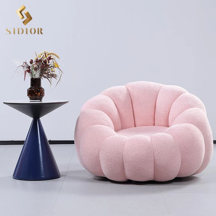 Cream White Lazy Pumpkin Sofa Shaped Boucle Accent Swivel Lounge Chair With Ottoman