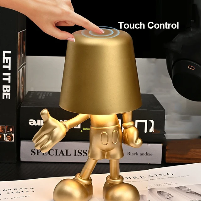 LED Rechargeable Table Lamp Bedside Touch Control Creative Little Golden Man Decorative Desk Lamp USB Charging 3Level Brightness