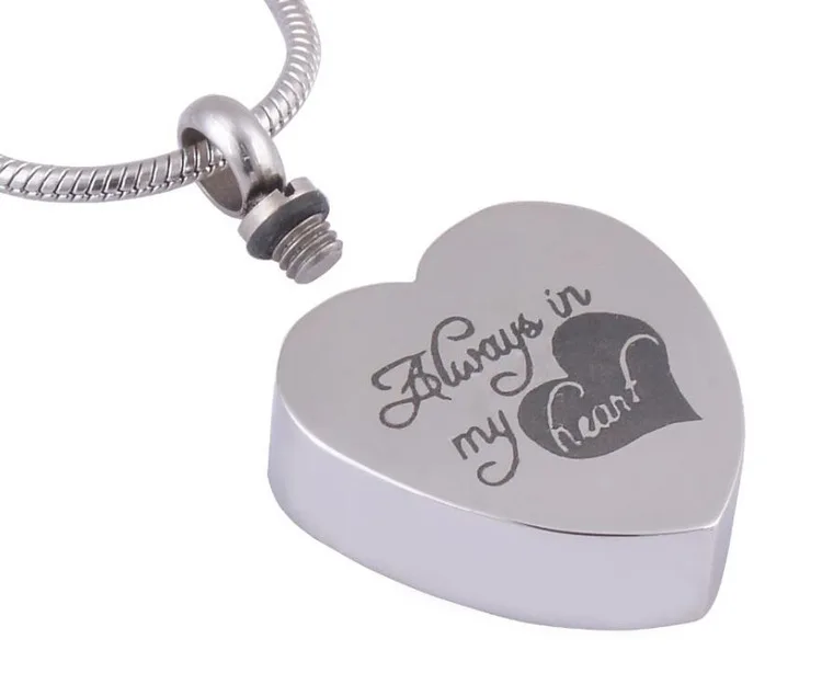 Letterable and Patterned Stainless Steel Glossy Heart Ashes Pendant Always in my heart necklace