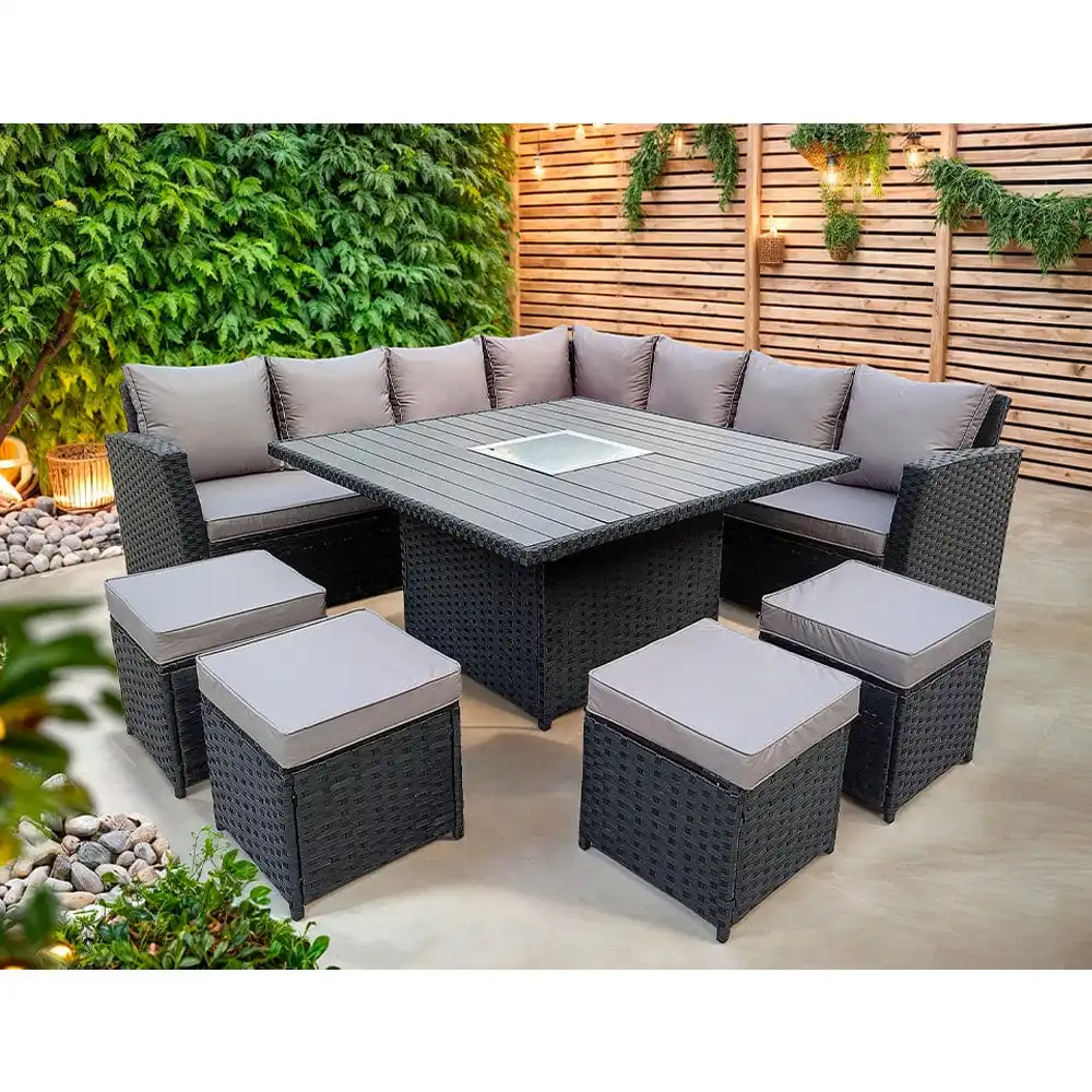 Outdoor Rattan Garden Furniture Patio Corner Sofa Cube Set with Fire Pit Table for Garden or Courtyard Use
