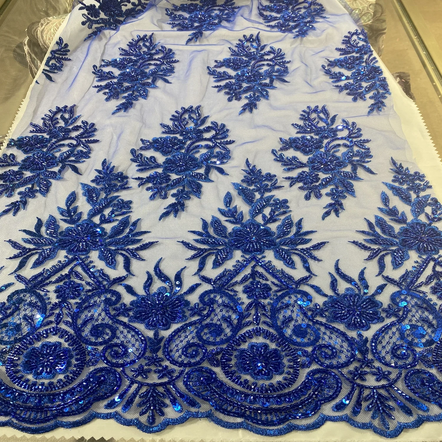 Хит продаж, кружевная ткань с вышивкой, синяя вышитая бисером, французская тюлея с блестками, кружевная ткань для праздничного платья