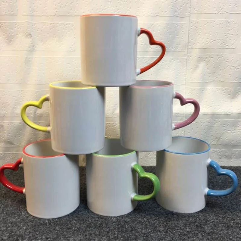 11 Oz  Heart Rim Color Handle Sublimation Blank Ceramic Coffee Mug/Cup For Promotion Gifts