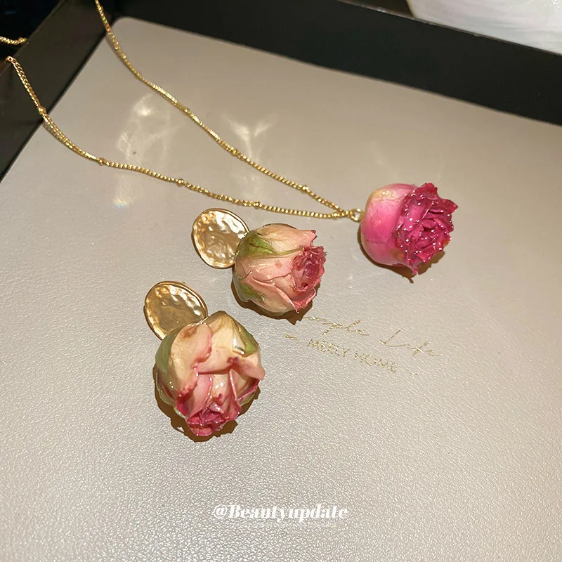 Titanium Steel Stainless Dried Rose Real Flower Ear Stud Necklace Suit Princess Style Clavicle Chain Temperament Elegant