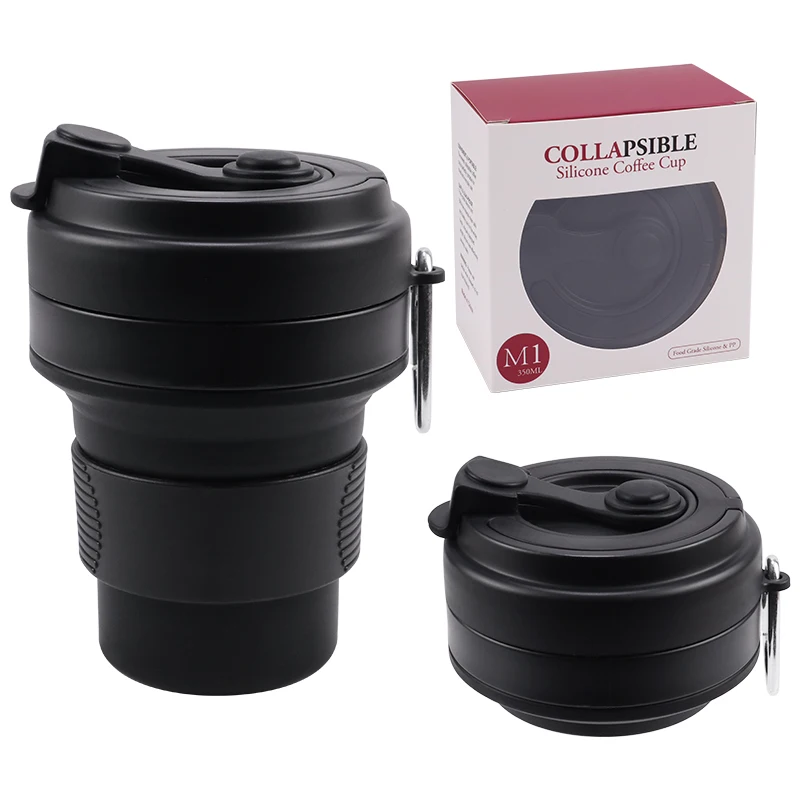 Wholesale Eco Friendly BPA Free Reusable Collapsible Folding Travel Coffee Cup Silicone Foldable Tea Drinking Cup 350ml With Lid