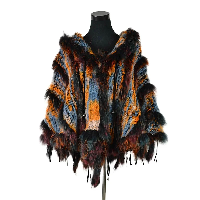 CK708 Real Knitted rabbit Shawl poncho stole with tassels shrug cape robe tippet wrap with raccoon fur collar women
