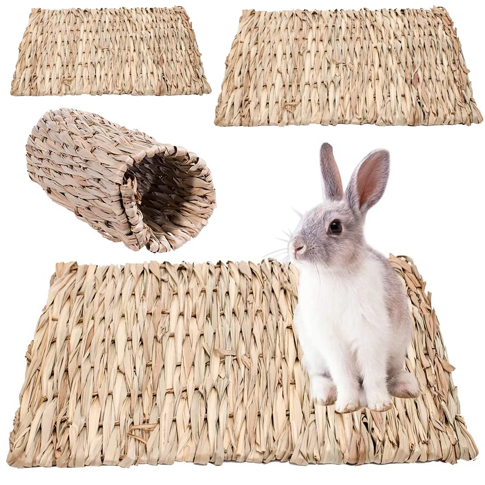 Rabbit Hay Mat Woven Grass Bed Mat for Small Animal Bunny Bedding Chew Toy Bed Play Toy for Guinea Pig Parrot Bunny Hamster Rat