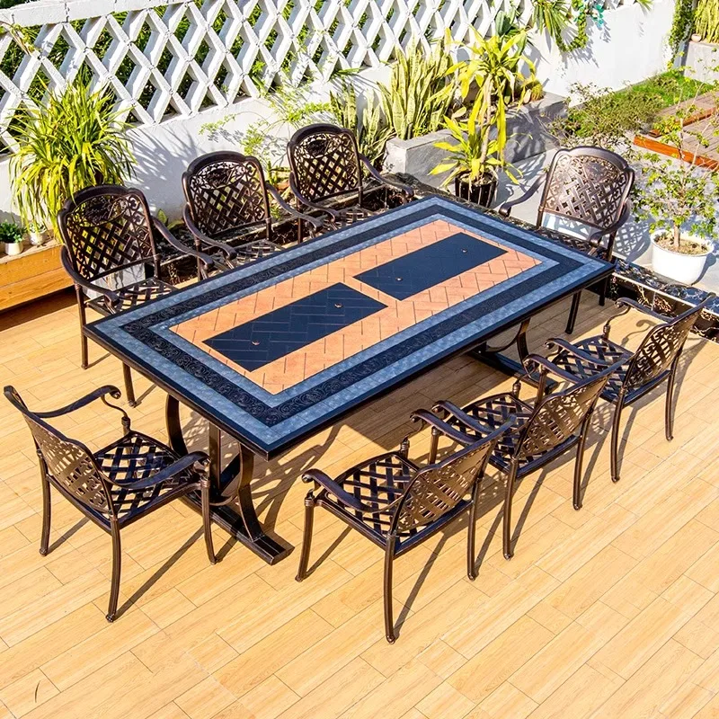 Modern leisure electric barbecue garden outdoor furniture Nordic cast aluminum large grill plastic wood dining tables and chairs