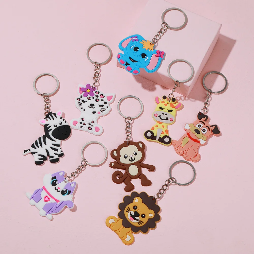 Forest Animal Key Ring Toy Wholesale Rubber Giraffe Elephant Lion Zebra Cat 2D PVC Keychain For Kids