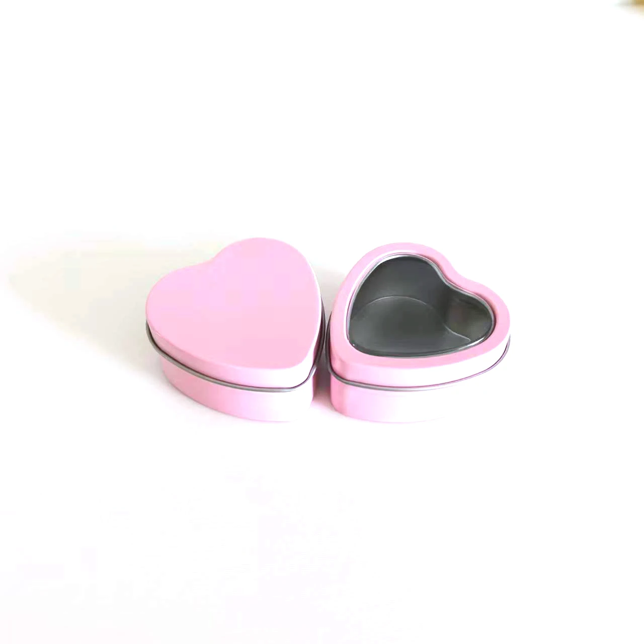 Heart shape candle tins with clear PVC window top lids clear window mint tin heart shape gift box for cosmetic sugar biscuit