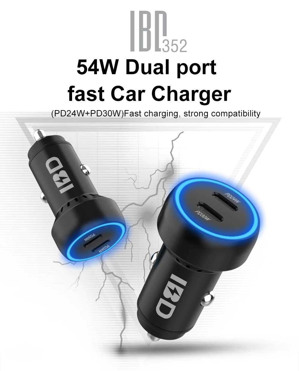 IBD352 54W 2022 Fast Charging Mobile Phone Charger 2 Ports PD Dual Type C Laptop Car Charger Adapter For Iphone13