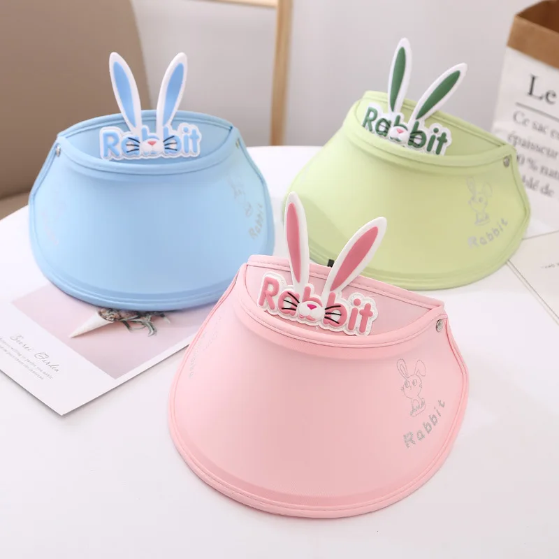 Wholesale 2-6years Solid Plain Cute Child Rabbit Ear Promotional Sun Summer Plastic Ponytail Beach Hat For Kids Girls Visor Cap