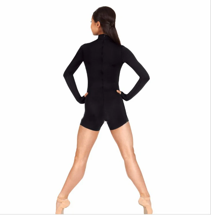 Для женщин с длинным рукавом и ложным воротником Biketard отверстие для большого пальца, дети красный/зеленый/синий один кусок танцы гимнастики с застежкой-молнией