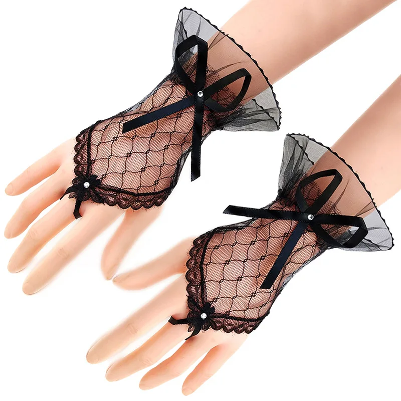 GENYA White Black Short Bridal Lace Mitten Women Bridal Wedding Bow-tied Hand Mittens