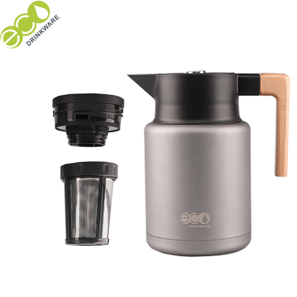 GT006 Eco-friendly Double Wall Vacuum 304 Stainless Steel wood lid Thermos Vacuum coffee flask tea pot with infuser