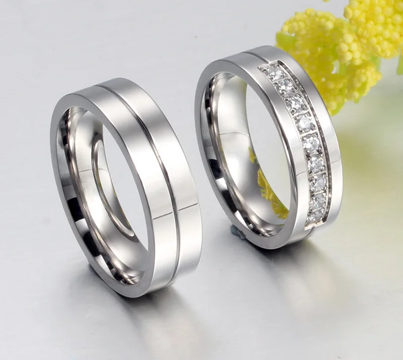 Simple Titanium Steel Wedding Silver Couple Gold Plated Engagement Diamond For Lovers Ring