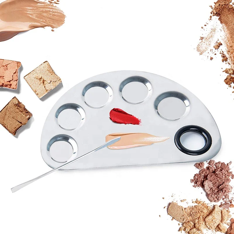 5 Wells Makeup Mixing Palette Stainless Steel Metal Mixing Pallet Tray with Spatula Artist Tool for Mixing Foundation Nail-Art