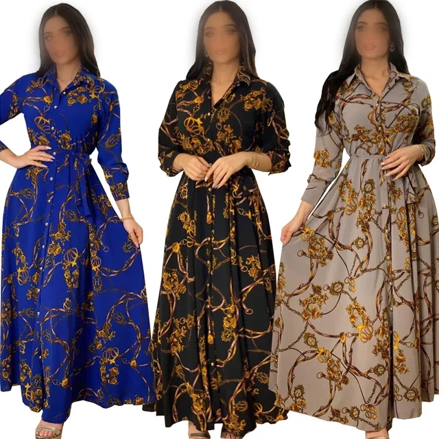 Latest Design Middle East Muslim Dress Indonesia Vintage Print Large Swing Skirt Shirt Dress Elegant Casual Dresses