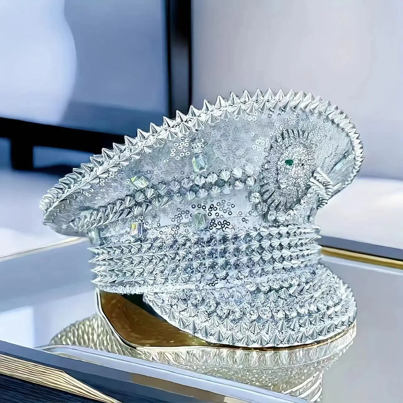 Lion Head Carnival Crazy Party Hat Bridal Navy a Silver with Silver Polyester Fiber Studded Punk Sequin Plush Unisex Adults