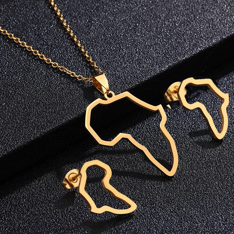 Fashion Stainless Steel Hollow African Map Pendant Necklace Earrings For Dubai Gold Jewelry Set For Women
