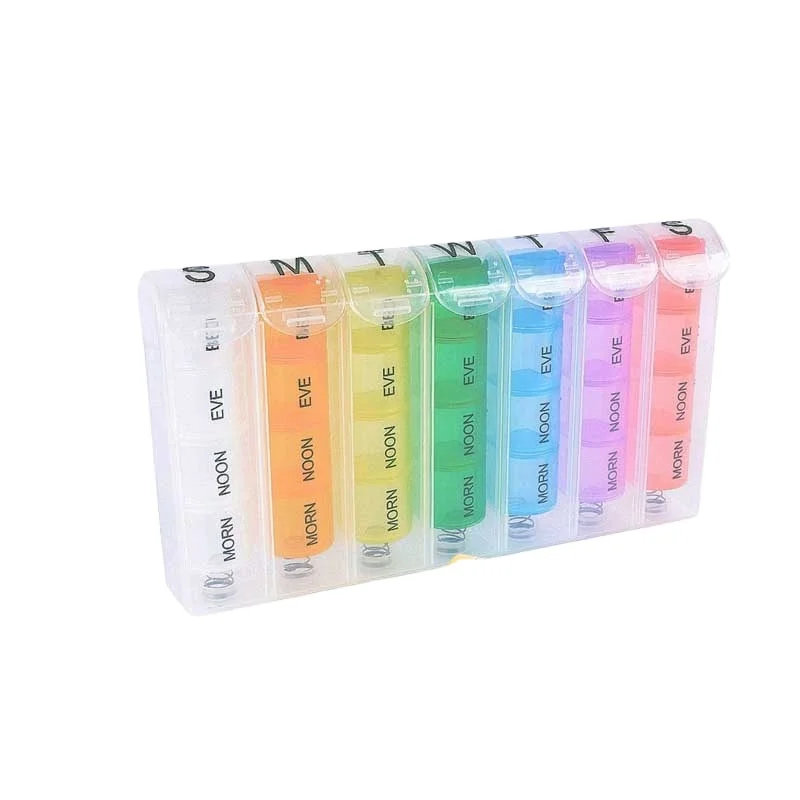AM PM Weekly 7 Days Plastic Medical Organizer Weekly Pill Box with easy push button design for pills/vitamin/fish oil