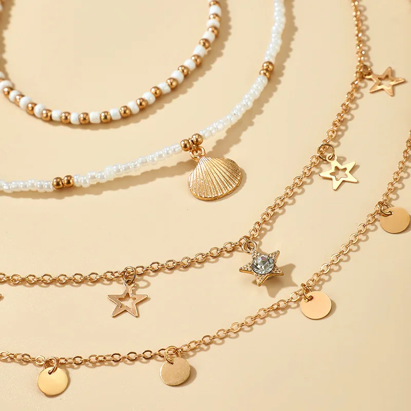 Hot Sale Good Quality Boho Jewelry Beaded Star Disc Pearl Shell Anklet Four Pieces Set