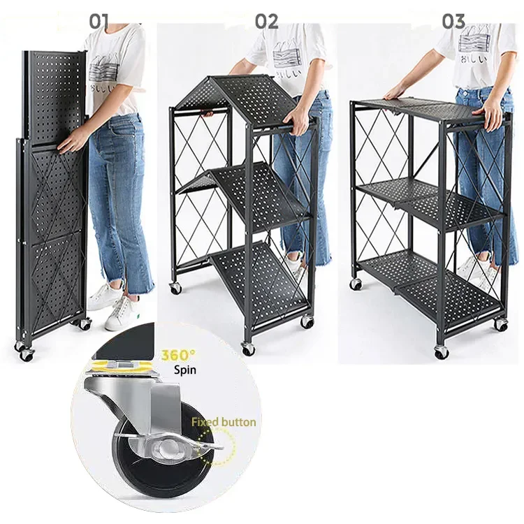 Multifunctional 3 Tier Foldable Storage Metal Rack Kitchen Oven Stackable Shelf Organizer Display Rack Folding Shelf With Wheels