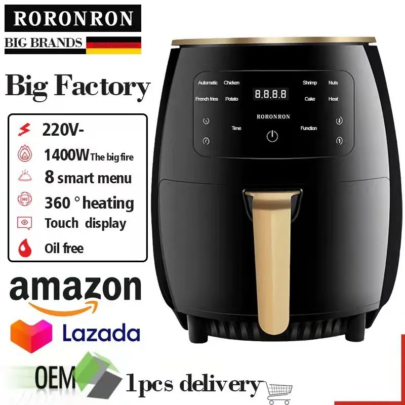 Large Capacity 6-Liter Stainless Steel Air Fryer Touch Screen Oil-Free Potato Chips Fried Chicken Household Use Gifts Wholesale