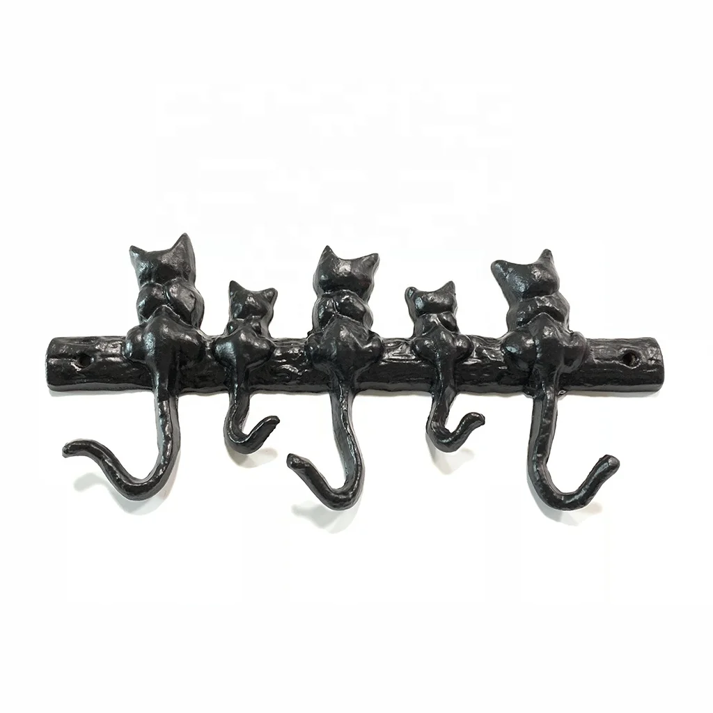 Animal Home Decorative Hanger Black Cat Metal Cast Iron Wall Mounted Hooks