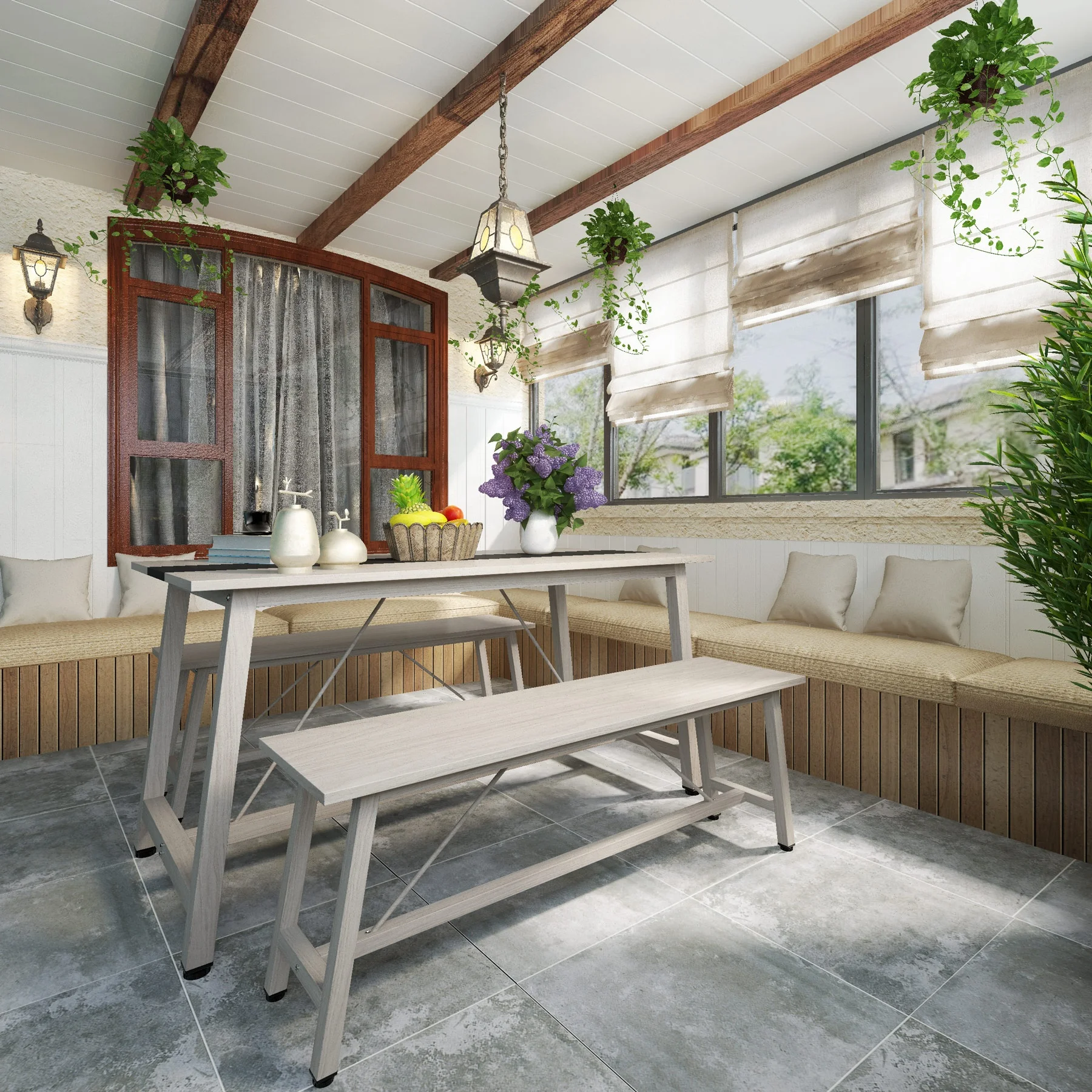 Tribesigns Extendable Modern Wooden Kitchen table set with two benches outdoor patio rectangular dining table set for 6