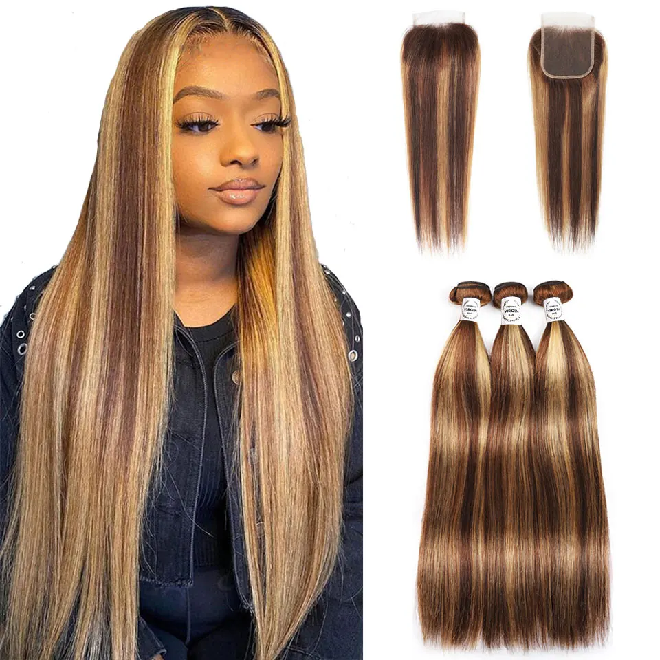 Eli Hair Highlight Bundles With Closure , Double Drawn Bone Straight Virgin Peruvian Woman Human Hair Bundles With Closure