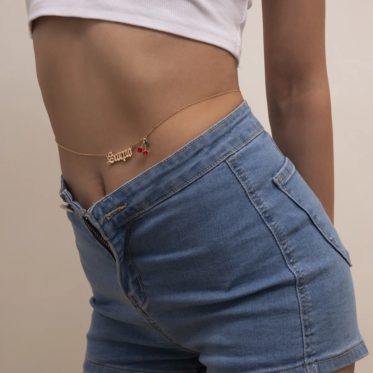  WC-012 Simple Single Layer Metal Sexy Body Waist Chains Gold Plated Retro English Letter Cherry Pendant Belly
