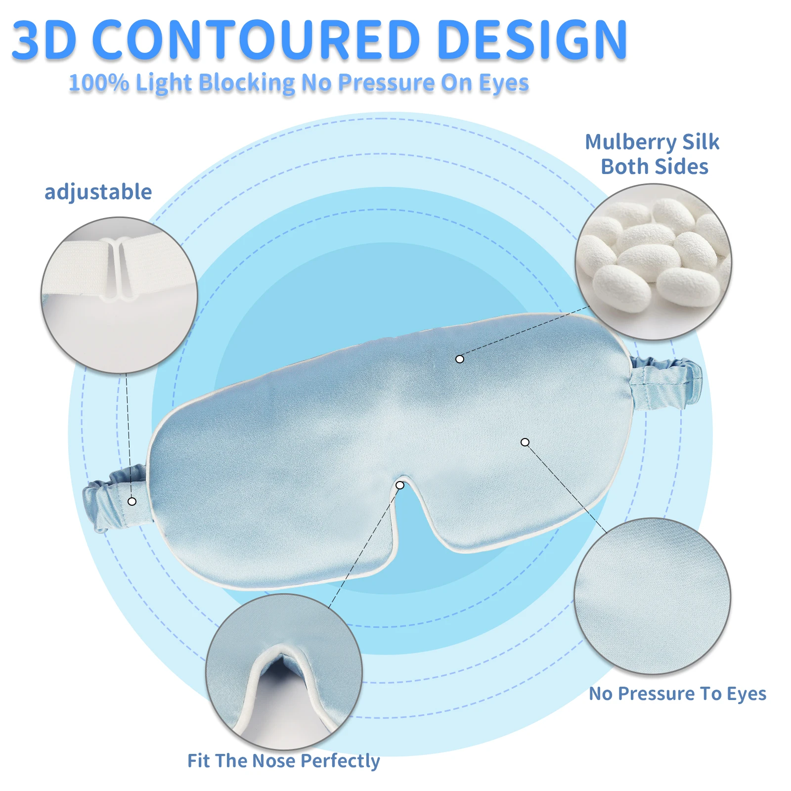 Blue Silk Sleep Mask Face-Hugging Padded Silk Cocoon For Luxury Sleep In Total Darkness For Home or Plane Travel