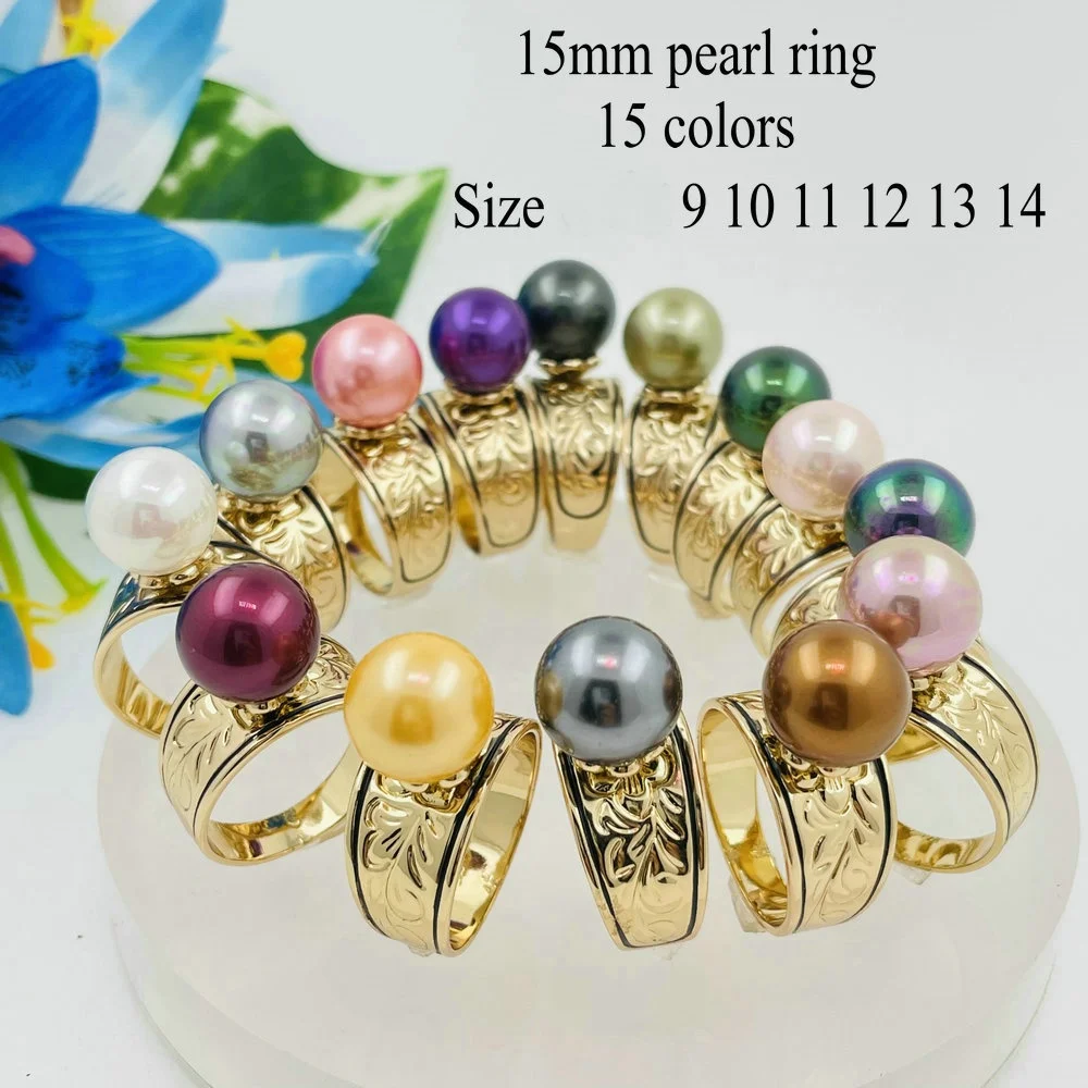 JX113 pearl ring 15 colors 6 sizes all ready to ship 12mm wide ring with 12mm shell pearls Hawaiian plumeria ring Samoan jewelry