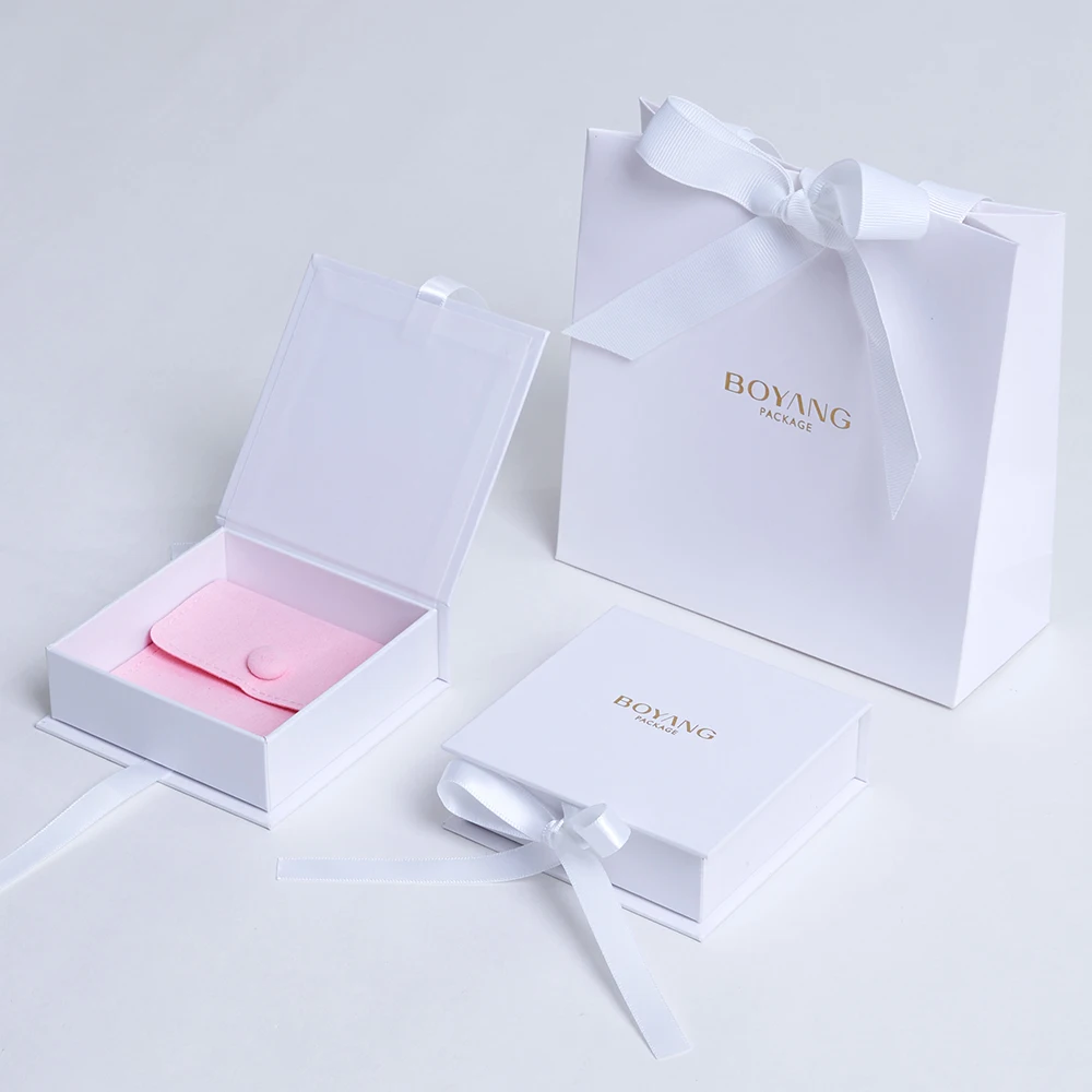 Boyang Custom White Paper Cardboard Biodegradable Jewelry Box Packaging with Ribbon