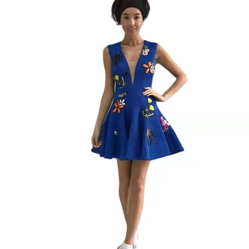 New Fashion Temperament Embroidered High Waist V-neck Sleeveless Casual Dress