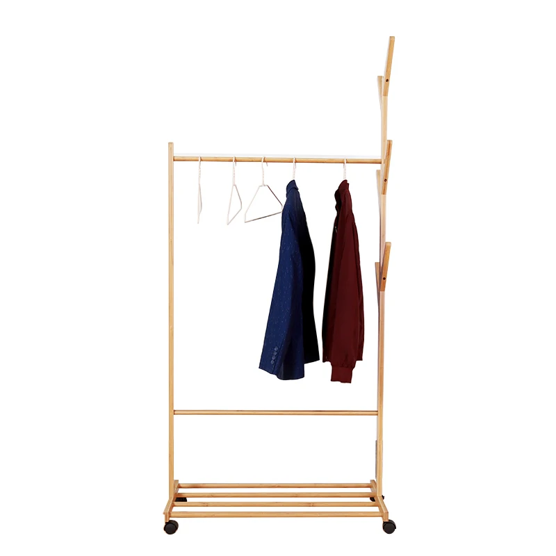 Apartment Bamboo Clothing Garment Rack Free Standing Clothes Coat Hanger for Living Room